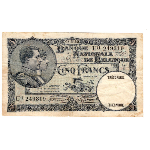 5 Франков 1929 - Бельгия - Trésorerie 5 Франков 1929 - Бельгия - Trésorerie
