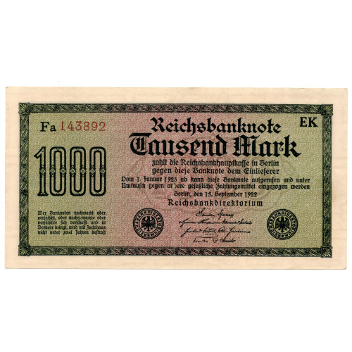 1000 Mark Reichsbanknote 1922 - P#76c – Greek Watermark Pattern 1000 Mark Reichsbanknote 1922 - P#76c – Greek Watermark Pattern