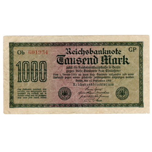 1000 Mark Reichsbanknote 1922 - Sept 1000 Mark Reichsbanknote 1922 - Sept
