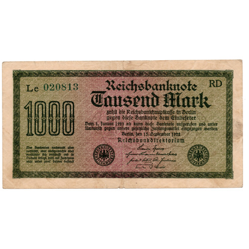 1000 Mark Reichsbanknote 1922 - 76e - Lattice Watermark Pattern 1000 Mark Reichsbanknote 1922 - 76e - Lattice Watermark Pattern