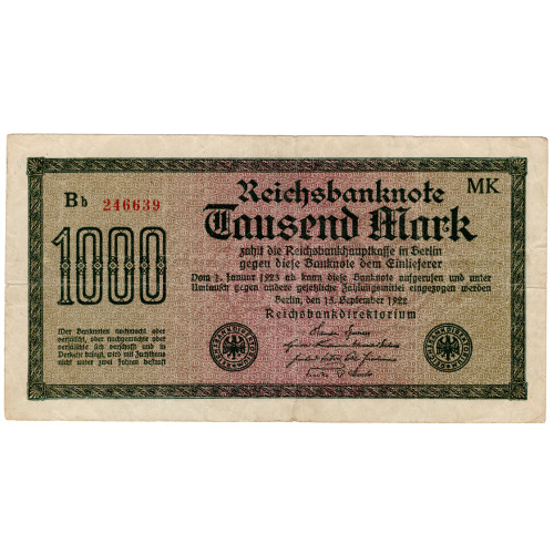 1000 Mark Reichsbanknote 1922 - P# 76g - Watermark Wavy Lines Pattern 1000 Mark Reichsbanknote 1922 - P# 76g - Watermark Wavy Lines Pattern