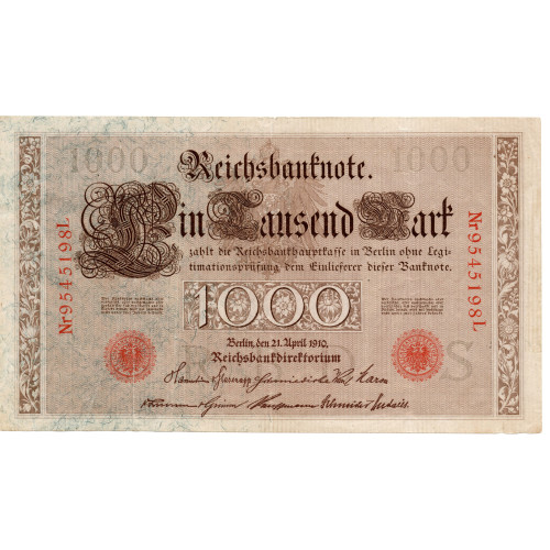1000 Mark Reichsbanknote; red seals 1000 Mark Reichsbanknote; red seals
