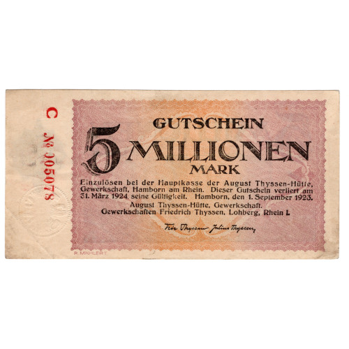 5 Million Mark 1923 - August-Thyssen-Hütte 5 Million Mark 1923 - August-Thyssen-Hütte