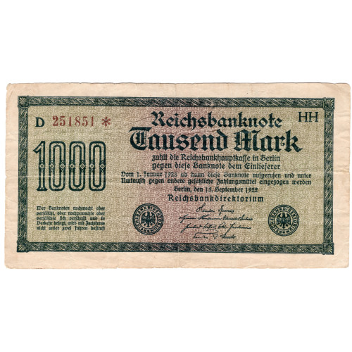 1000 Mark Reichsbanknote 1922 1000 Mark Reichsbanknote 1922